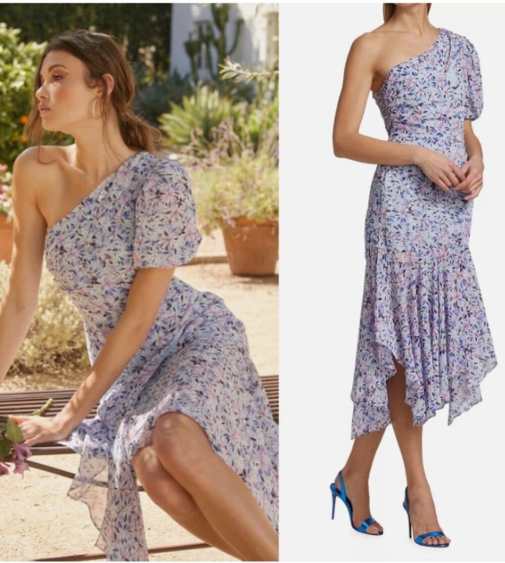 ASTR Santorini Blue Floral Handkerchief Hem One Shoulder Midi Dress Medium